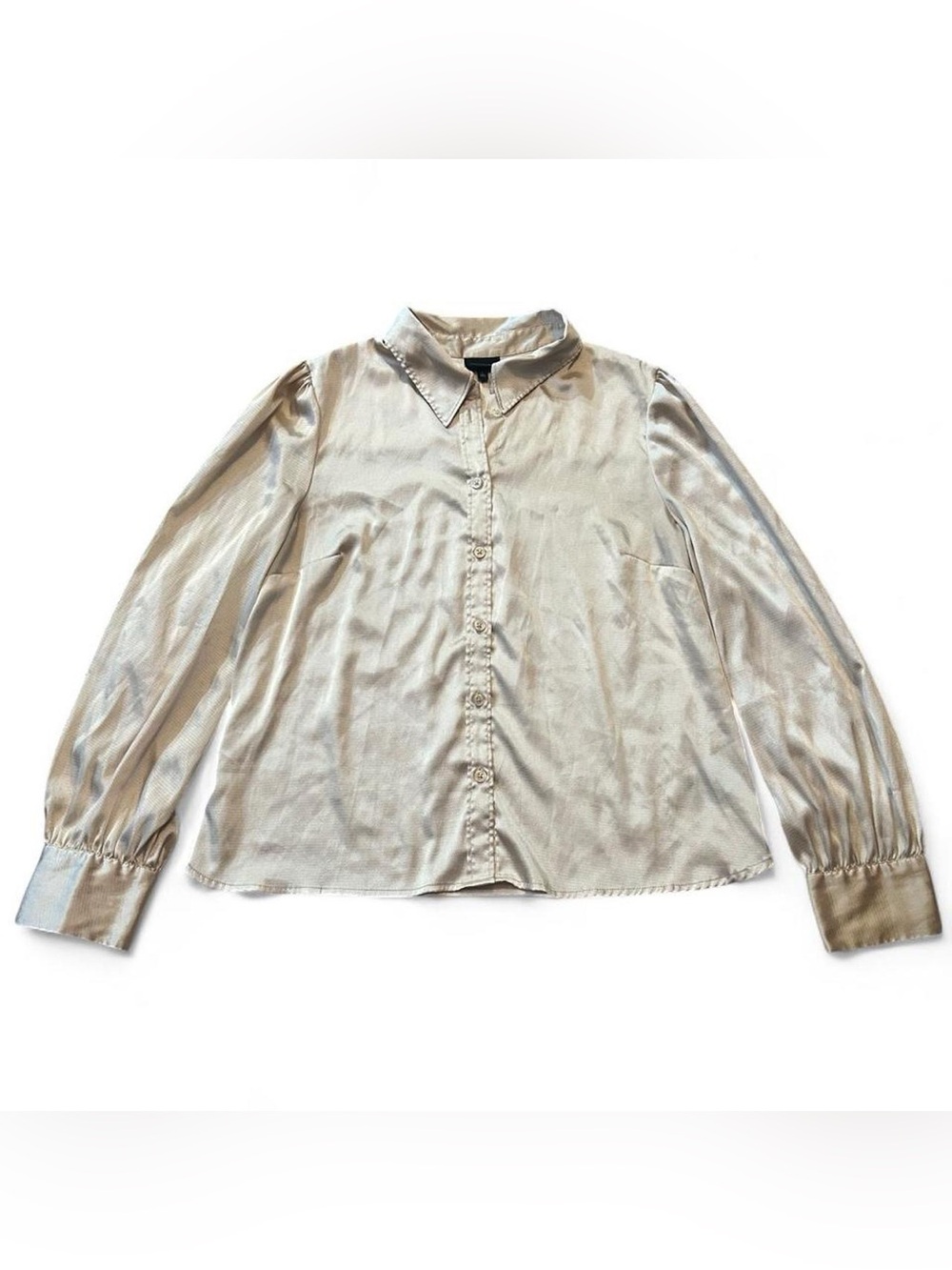 Who What Wear beige silky button up blouse with balloon sleeves, size M